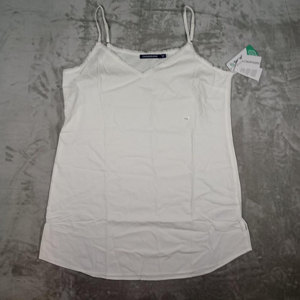 Calvin Klein Jeans Camisole Women XL White Frayed V-Neck Tencel Cotton Tank TOp
